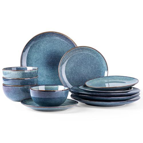 AmorArc Ceramic Dinnerware Sets for 4, 12 Pieces Handpainted Plates and Bowls Set, Scratch Resistant Stoneware Dishes Set, Dishwasher & Microwave Safe, Ceylon Blue - Image 1