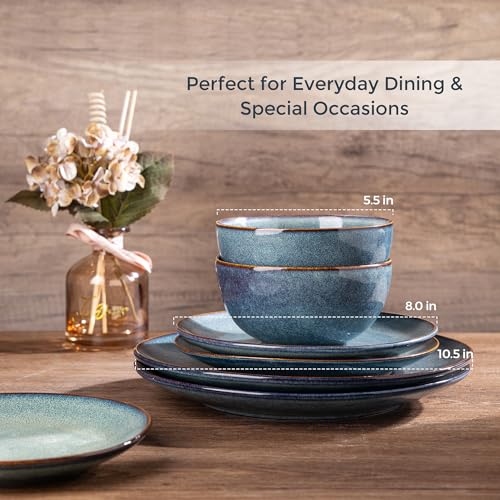 AmorArc Ceramic Dinnerware Sets for 4, 12 Pieces Handpainted Plates and Bowls Set, Scratch Resistant Stoneware Dishes Set, Dishwasher & Microwave Safe, Ceylon Blue - Image 2