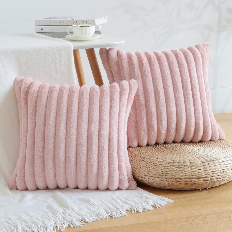 Soleebee Set of 2 Throw Pillow Covers Soft Cozy Velvet Pillowcase Faux Rabbit Fur Cover for Couch Sofa Bed Chair Home Decorative Pillows Cover (20x20 Inch  Blush Pink) - Image 1
