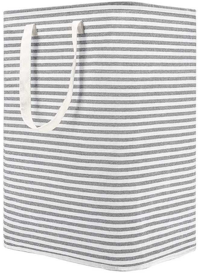 HOUSE OF QUIRK House of Quirk Plastic Laundry Hamper 60L Collapsible Large Laundry Baskets With Easy Carry Handles Freestanding Storage Basket For Toys Clothes Organizer (60 Litre, White Grey Stripe)  - Image 1