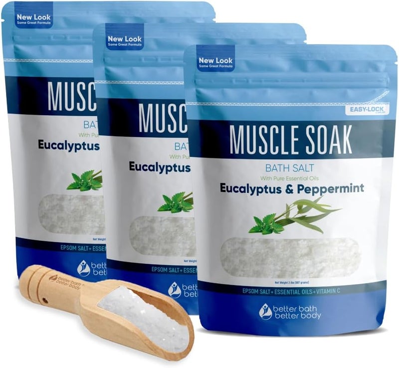 Better Bath Better Body Muscle Bath Salt 3Pack with Scoop Muscle Bath Soaks with Pure Essential Oils in BPA Free Pouch with PressLock Seal Made in USA Three 2lbs Pouches 6Lbs Total 