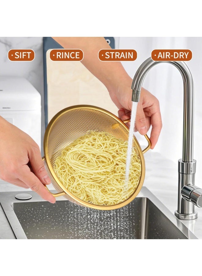موثوقية التنبؤ مصفاة ذهبية، مصفاة متينة من الفولاذ المقاوم للصدأ سعة 3 لتر للمعكرونة والأرز والخضروات، مصفاة معدنية بسطح مخصص للأغذية لسهولة التصفية (ذهبية، 3 لتر) - Image 5
