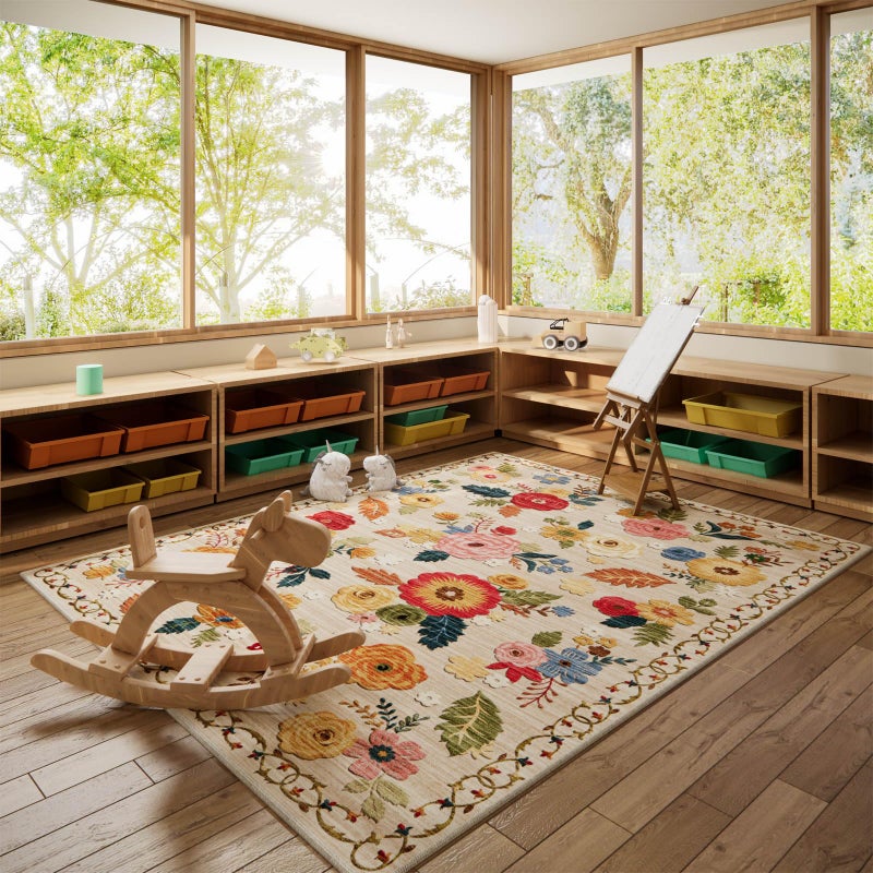 palohom 9x12 Area Rug for Living Room: Washable Rug Non Slip Low Pile Soft Faux Wool Non Shedding Distressed Vintage Floral Large Area Rugs for Bedroom Dining Room Kitchen Nursery Under Table Farmhouse Office - Image 5