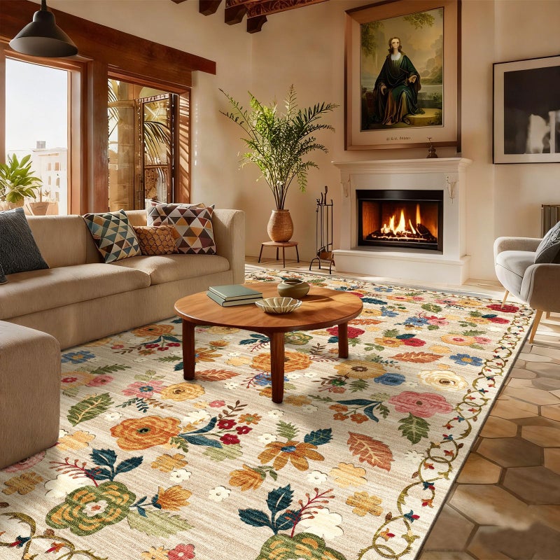 palohom 9x12 Area Rug for Living Room: Washable Rug Non Slip Low Pile Soft Faux Wool Non Shedding Distressed Vintage Floral Large Area Rugs for Bedroom Dining Room Kitchen Nursery Under Table Farmhouse Office - Image 2