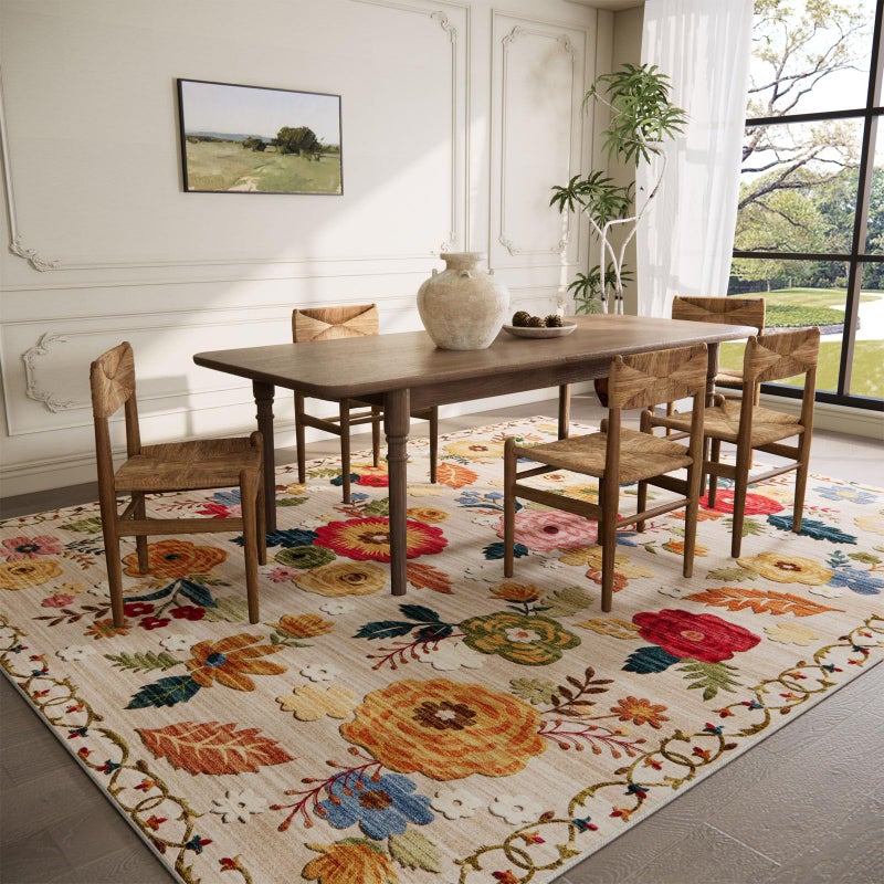 palohom 9x12 Area Rug for Living Room: Washable Rug Non Slip Low Pile Soft Faux Wool Non Shedding Distressed Vintage Floral Large Area Rugs for Bedroom Dining Room Kitchen Nursery Under Table Farmhouse Office - Image 1