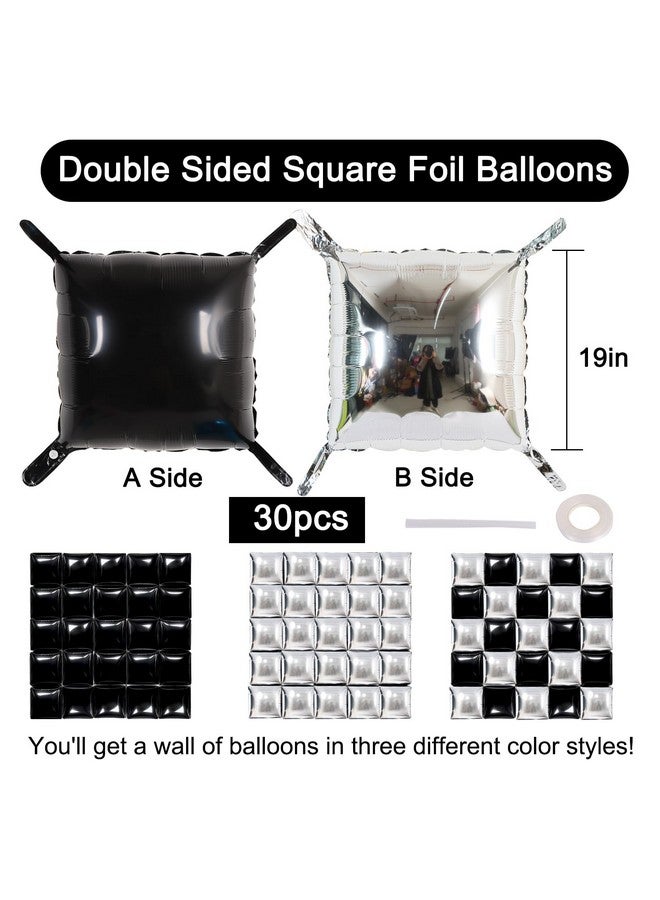 TONIFUL Square Foil Balloon Wall 30pcs Black and Silver Pink Double Sided Mylar Square Balloon Garland Kit Balloons Background Arch for Checkered Racing Car Birthday New Years Decorations - Image 2