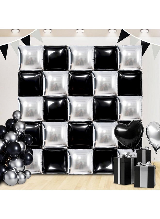 TONIFUL Square Foil Balloon Wall 30pcs Black and Silver Pink Double Sided Mylar Square Balloon Garland Kit Balloons Background Arch for Checkered Racing Car Birthday New Years Decorations - Image 1