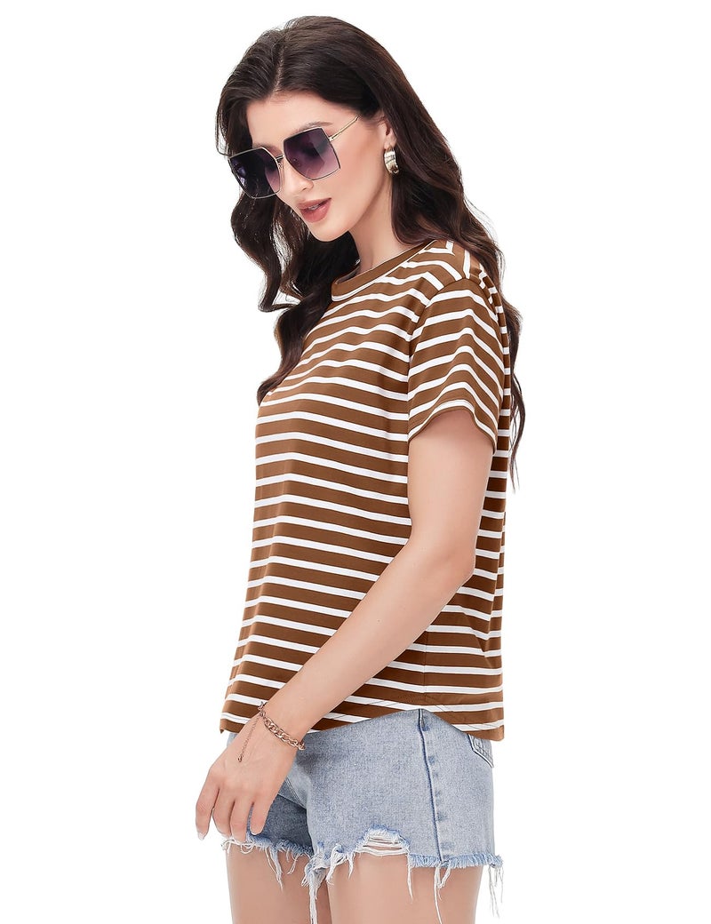 PEHMEA Women's Summer Cotton Striped Short Sleeve Crew Neck T-Shirts Casual Everyday Top for Work Weekend(BrownWhite-XL) - Image 3