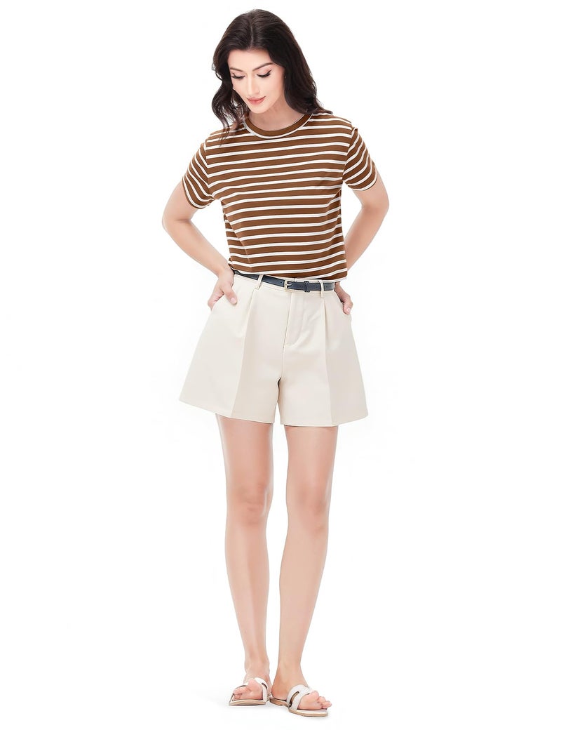PEHMEA Women's Summer Cotton Striped Short Sleeve Crew Neck T-Shirts Casual Everyday Top for Work Weekend(BrownWhite-XL) - Image 5