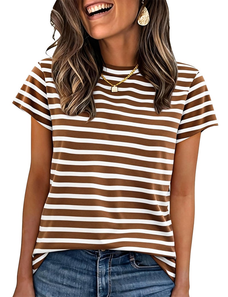 PEHMEA Women's Summer Cotton Striped Short Sleeve Crew Neck T-Shirts Casual Everyday Top for Work Weekend(BrownWhite-XL) - Image 1