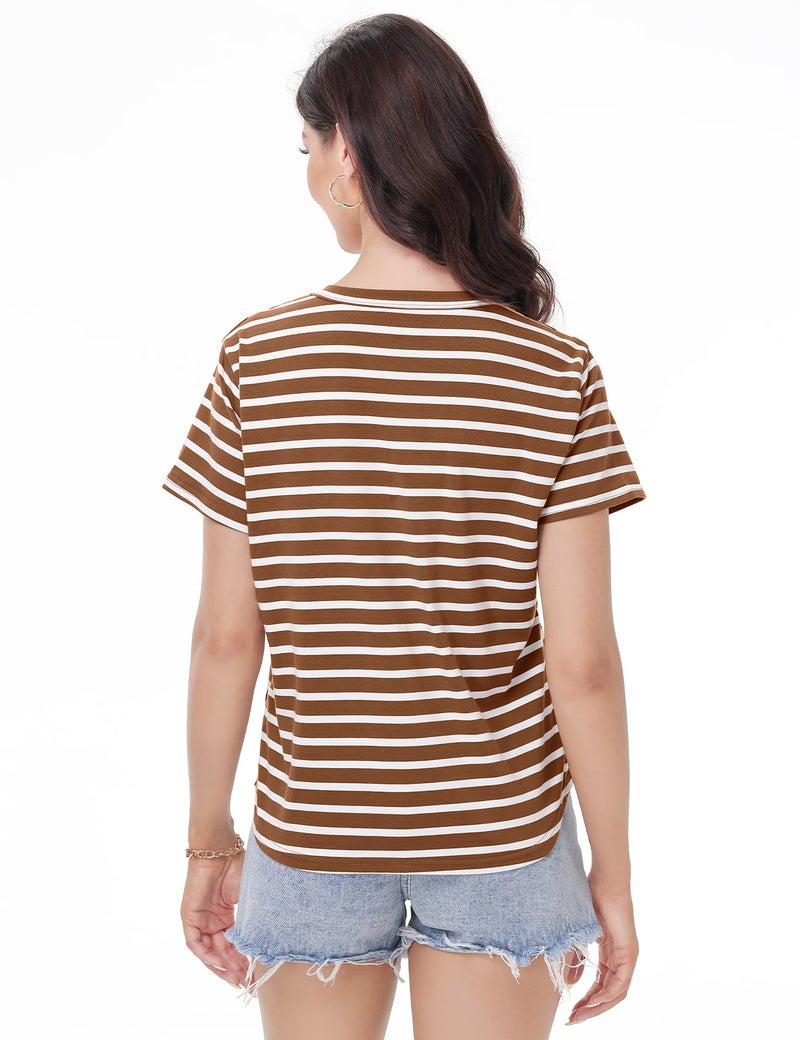 PEHMEA Women's Summer Cotton Striped Short Sleeve Crew Neck T-Shirts Casual Everyday Top for Work Weekend(BrownWhite-XL) - Image 2