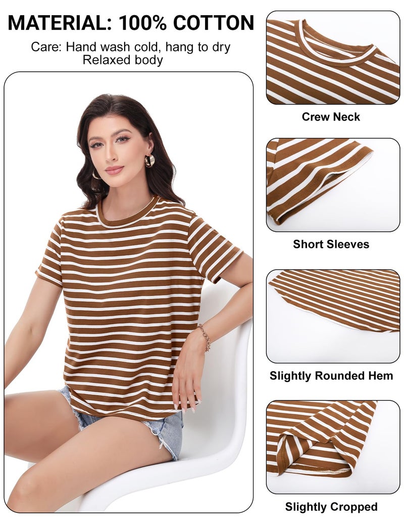 PEHMEA Women's Summer Cotton Striped Short Sleeve Crew Neck T-Shirts Casual Everyday Top for Work Weekend(BrownWhite-XL) - Image 4
