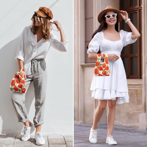 Kawn® Crochet Wrist Handbag for Women Wristlet Handbag Sleeve Knot Pouch Portable knitted breathable lightweight foldable Casual Small Purse Cute Tote Bag For Shopping, Dating, Travel (Red Tulip) - Image 3