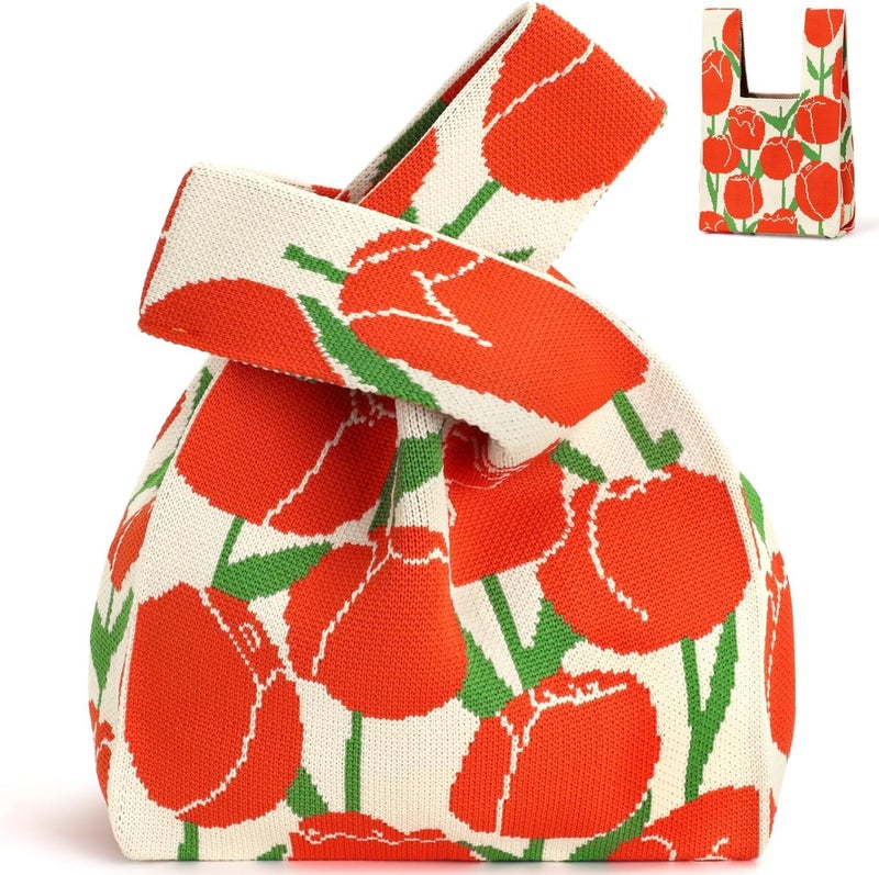 Kawn® Crochet Wrist Handbag for Women Wristlet Handbag Sleeve Knot Pouch Portable knitted breathable lightweight foldable Casual Small Purse Cute Tote Bag For Shopping, Dating, Travel (Red Tulip) - Image 1