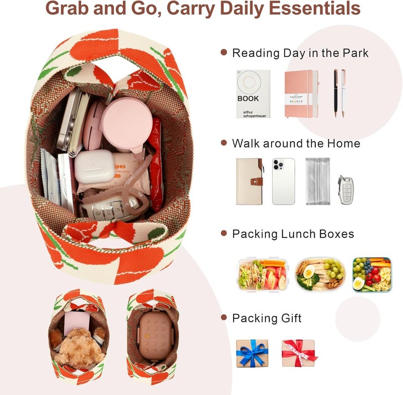 Kawn® Crochet Wrist Handbag for Women Wristlet Handbag Sleeve Knot Pouch Portable knitted breathable lightweight foldable Casual Small Purse Cute Tote Bag For Shopping, Dating, Travel (Red Tulip) - Image 4