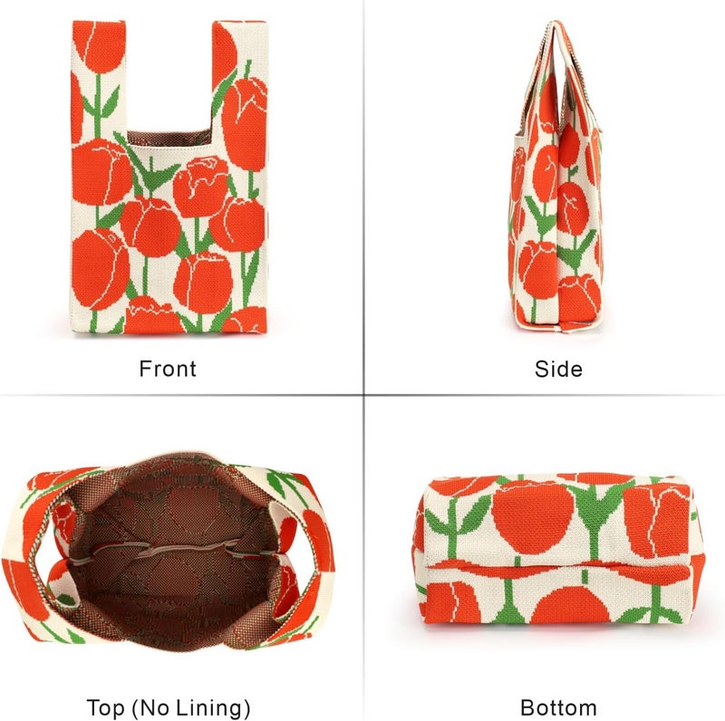 Kawn® Crochet Wrist Handbag for Women Wristlet Handbag Sleeve Knot Pouch Portable knitted breathable lightweight foldable Casual Small Purse Cute Tote Bag For Shopping, Dating, Travel (Red Tulip) - Image 2