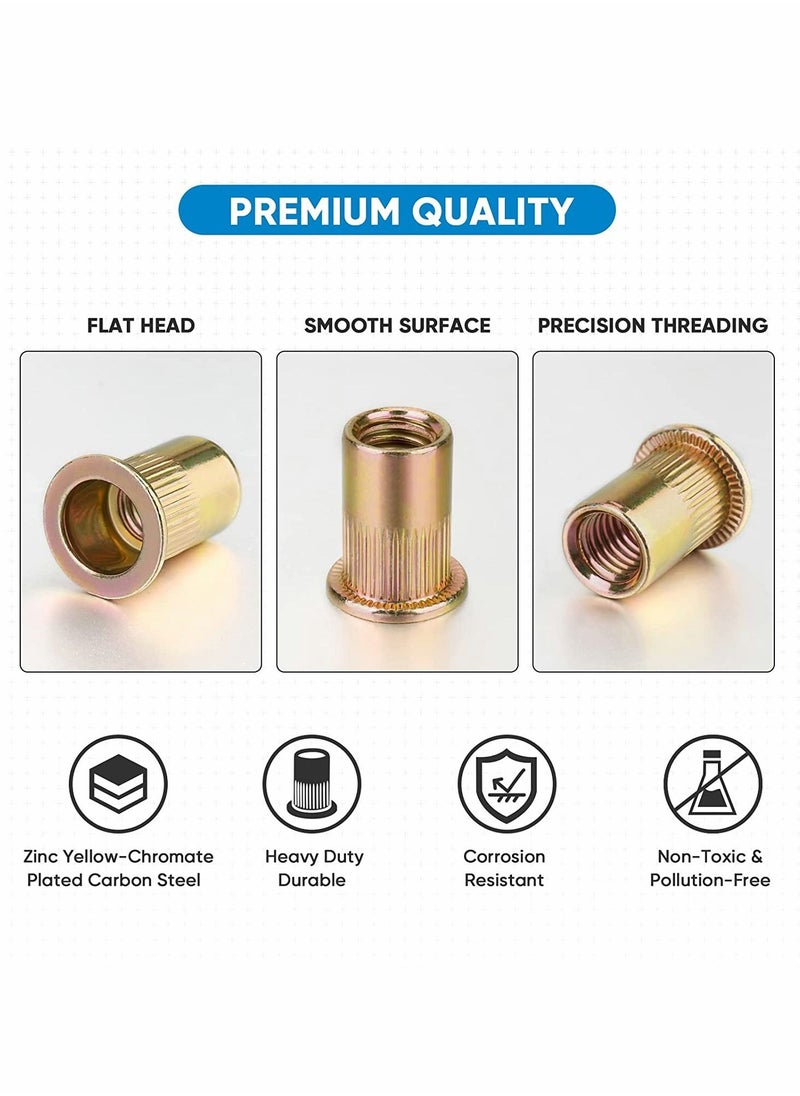 Excefore - Metric Rivet Nut Kit, Heavy Duty Zinc Plated Carbon Steel Flat Head Insert Nut with Knurled Body (Metric Assortment Kit M3, M4, M5, M6, M8, M10, and M12) - Image 1