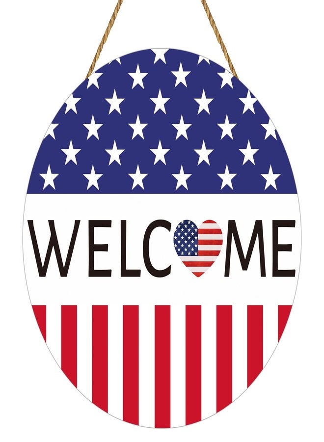 YUNKKIN 4th of July Decorations Patriotic Wreath American Flag Heart Welcome Sign Wooden 4th of July Wreaths for Front Door Decorations for Memorial Day Fourth of July Wall Indoor Home Decor - Image 1