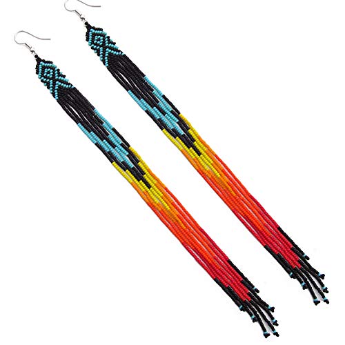 BeadsCorner One of a kind Tribal Extra Long Beaded Earrings Handmade (Black Blue Fire) - Image 5