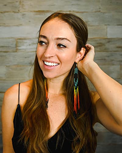 BeadsCorner One of a kind Tribal Extra Long Beaded Earrings Handmade (Black Blue Fire) - Image 3