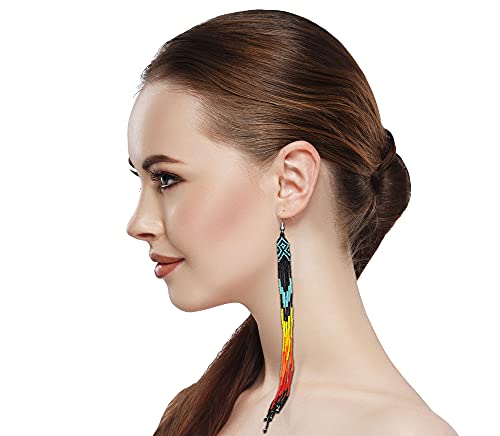 BeadsCorner One of a kind Tribal Extra Long Beaded Earrings Handmade (Black Blue Fire) - Image 2