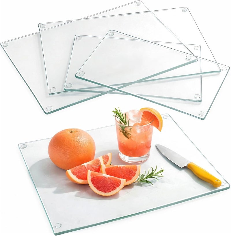 Hacaroa 4 Pack Tempered Glass Cutting Board with Rubber Feet, Rectangle Non-slip Chopping Board, Long Lasting Clear Glass Tray for Kitchen Countertop, Table, Shatter-Resistant, Heat-Resistant, 2 Size - Image 1
