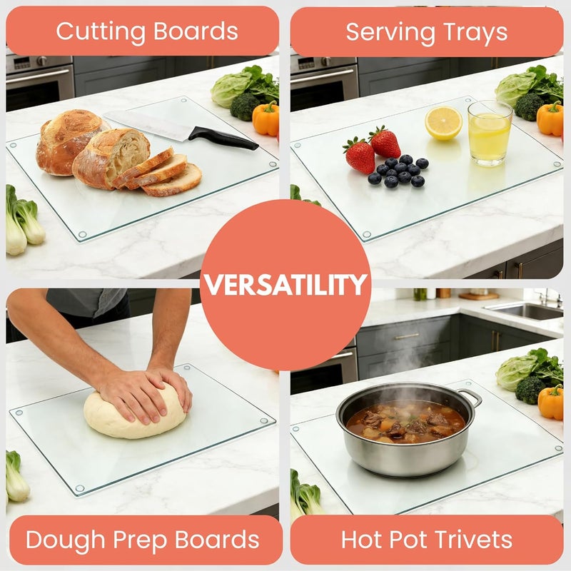 Hacaroa 4 Pack Tempered Glass Cutting Board with Rubber Feet, Rectangle Non-slip Chopping Board, Long Lasting Clear Glass Tray for Kitchen Countertop, Table, Shatter-Resistant, Heat-Resistant, 2 Size - Image 5