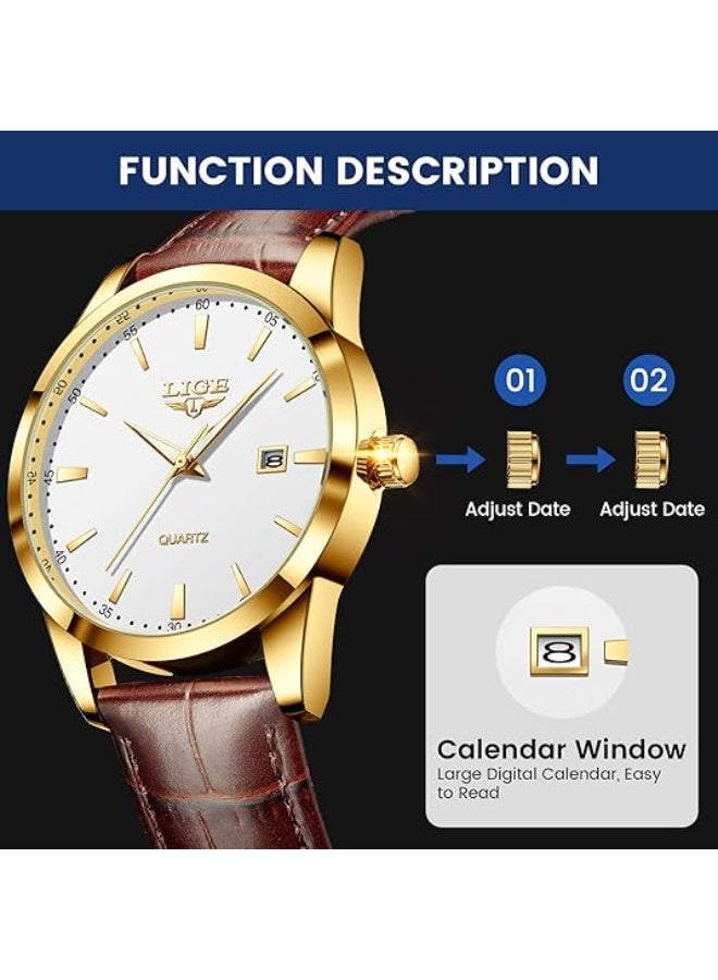 LIGE ساعات LIGE للرجال مقاومة للماء تناظرية فاخرة عتيقة كرونوغراف تناظرية كاجوال جلد بني فولاذ مقاوم للصدأ حركة كوارتز فريدة عتيقة مضيئة أنيقة ساعة معصم رجالية عرض التاريخ - Image 2