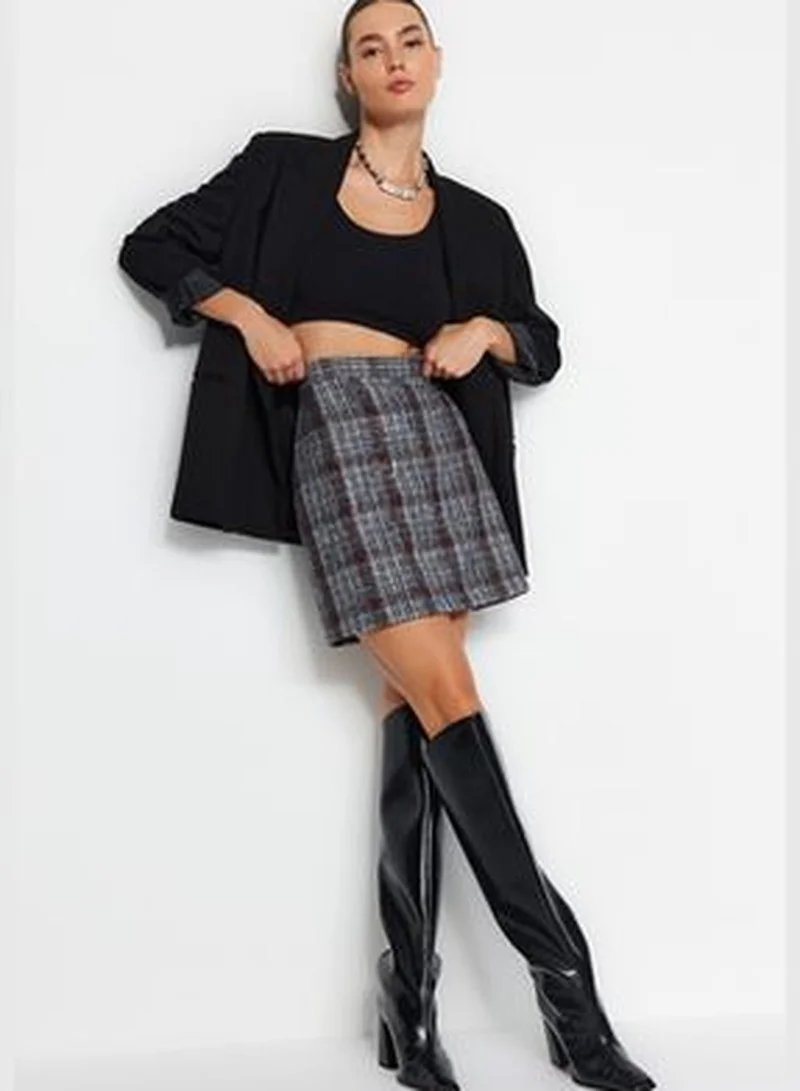 trendyol Black Checkered Patterned Mini Woven Skirt TWOAW20ET0120