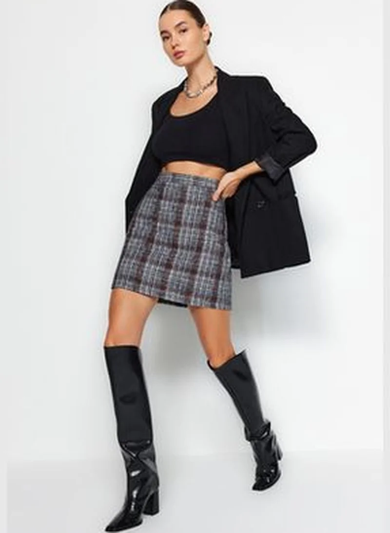 trendyol Black Checkered Patterned Mini Woven Skirt TWOAW20ET0120