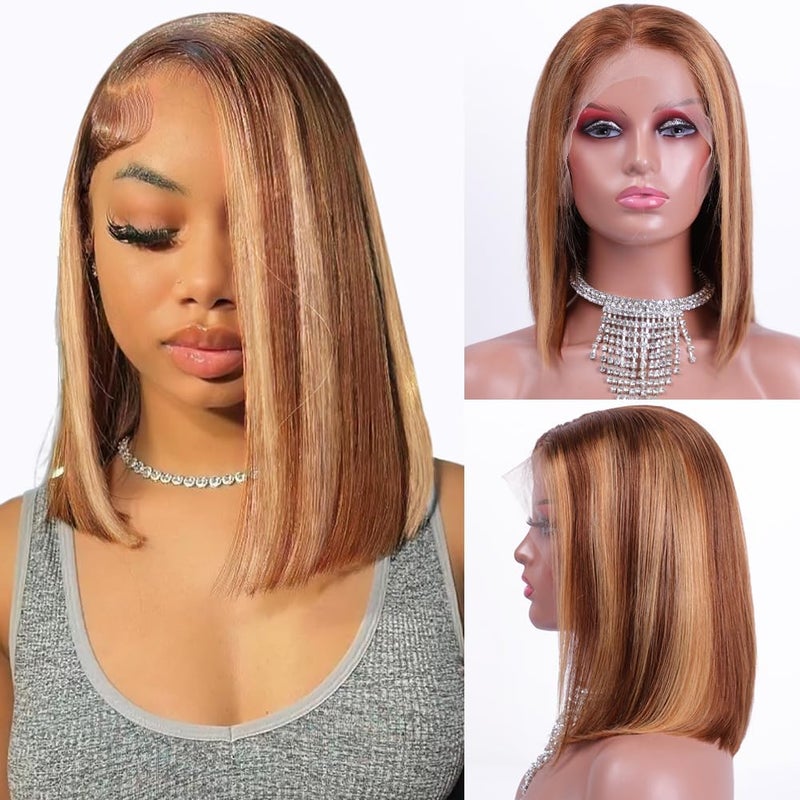 Flady Honey Blonde Bob wig Human Hair 13x4 HD Frontal Lace Wigs 150 Density 427 Highlight Bob Lace Front Wigs Human Hair Pre Plucked Ombre Color Short Straight Bob Wigs for Black Women 14 inch