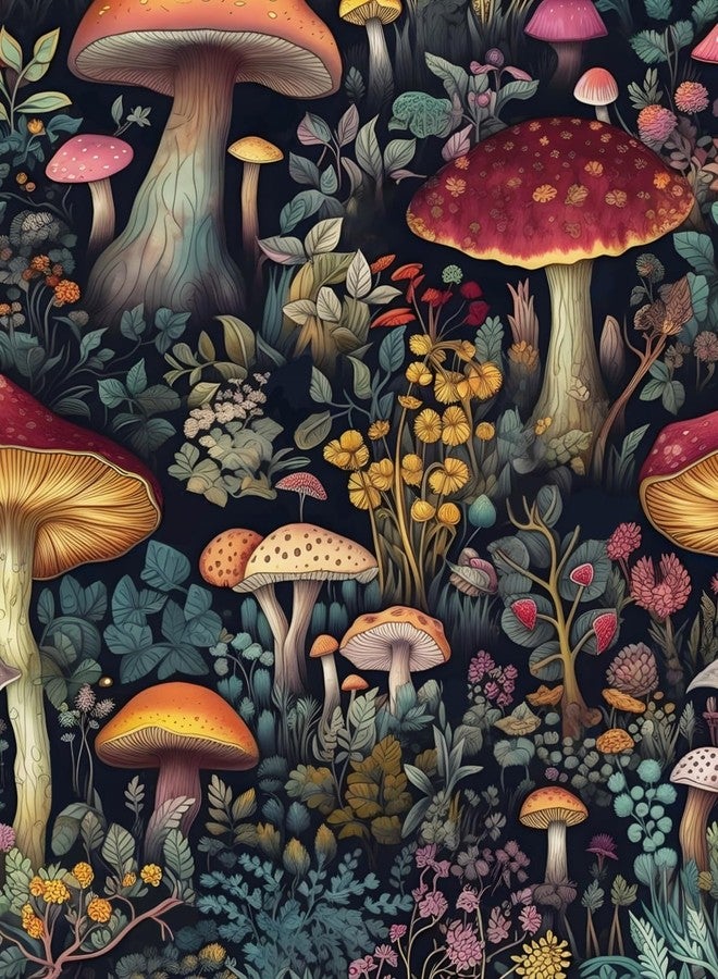 BOKEBEVE Blavk Colorful Mushroom Contact Paper Floral Wallpaper Peel and Stick Vintage Wall Paper for Backsplash Kitchen Cabinet Removable Waterproof 17.5 x 118In - Image 1