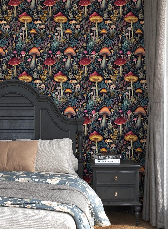 BOKEBEVE Blavk Colorful Mushroom Contact Paper Floral Wallpaper Peel and Stick Vintage Wall Paper for Backsplash Kitchen Cabinet Removable Waterproof 17.5 x 118In - Image 2