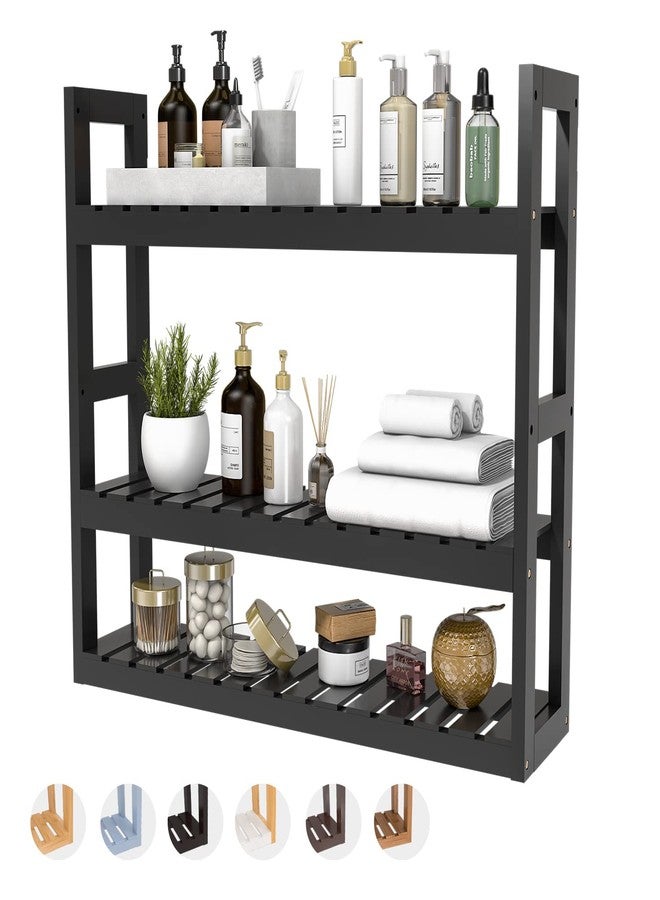 Domax Bamboo Bathroom Shelf 3-Tier Wall Mount Storage Rack Multifunctional Adjustable Layer Free Standing Over Toilet Utility Shelves Living Room Kitchen (Black) - Image 1