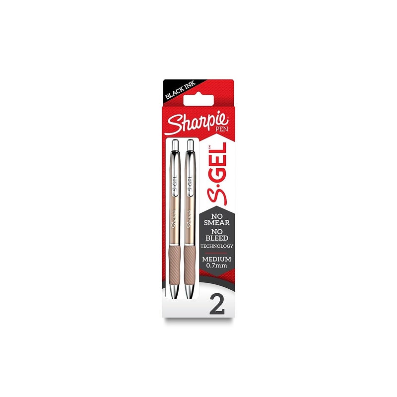 SHARPIE S-Gel Metal RT Gel Pen, 0.7mm Medium Point, Champagne Barrel, Black Ink, 2/Pack - Image 1