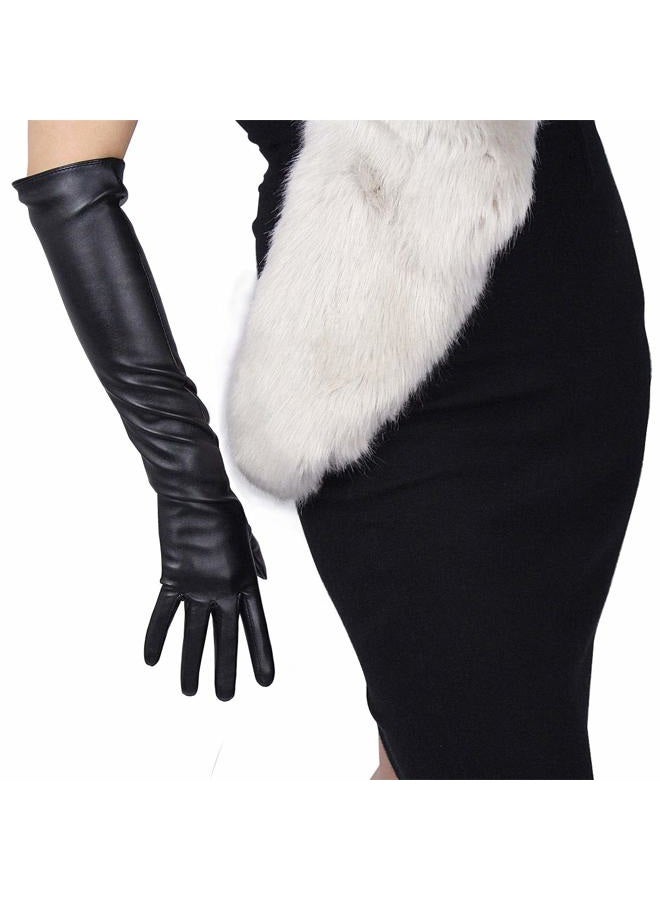 DooWay Women Long Gloves Faux Leather Over Elbow Length 20-inch PU Black Winter Warm Lining Full Finger Gloves - Image 2
