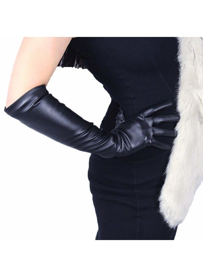 DooWay Women Long Gloves Faux Leather Over Elbow Length 20-inch PU Black Winter Warm Lining Full Finger Gloves - Image 1