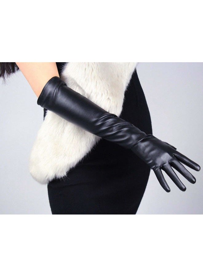 DooWay Women Long Gloves Faux Leather Over Elbow Length 20-inch PU Black Winter Warm Lining Full Finger Gloves - Image 4