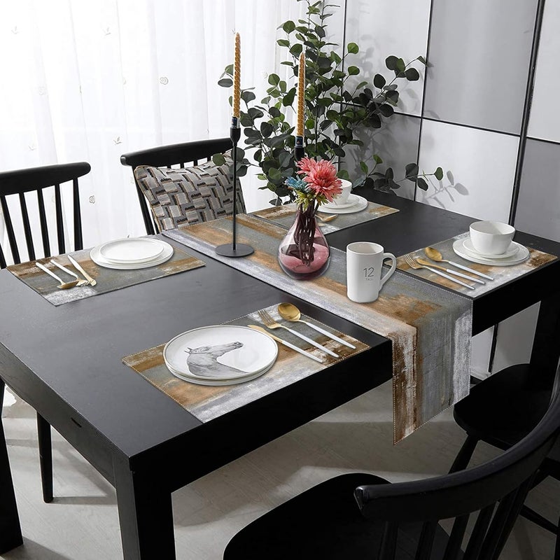 Emvency Brown Abstract Painting Black GreyTable Runner and Placemats Set of 6,White Black Grey Modern Art Dining Decor for Daily Use(1 Table Runner 72 inches Long and 6 Placemats) - Image 5