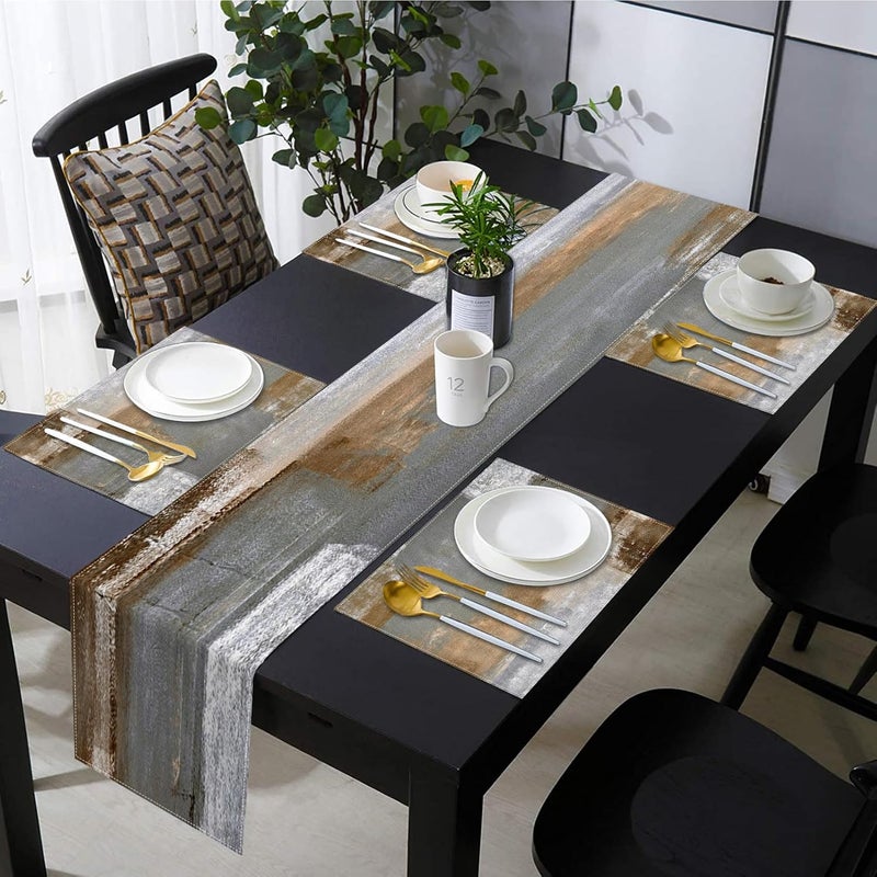 Emvency Brown Abstract Painting Black GreyTable Runner and Placemats Set of 6,White Black Grey Modern Art Dining Decor for Daily Use(1 Table Runner 72 inches Long and 6 Placemats) - Image 3