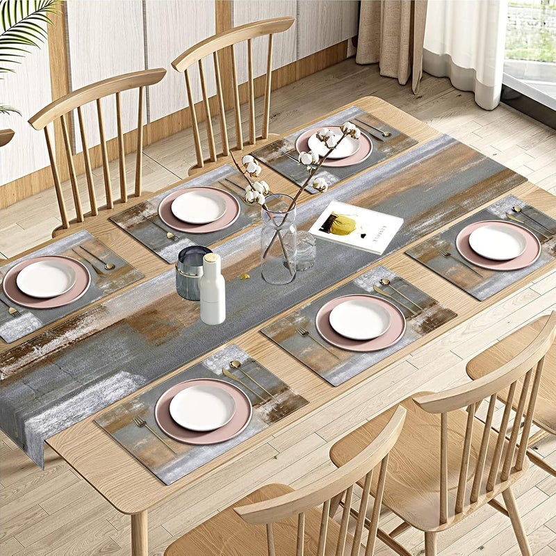 Emvency Brown Abstract Painting Black GreyTable Runner and Placemats Set of 6,White Black Grey Modern Art Dining Decor for Daily Use(1 Table Runner 72 inches Long and 6 Placemats) - Image 1