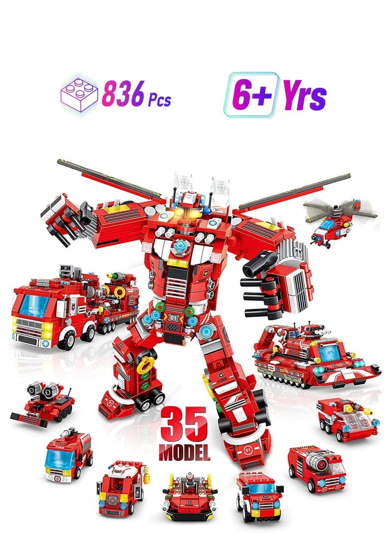 Fire Robot STEM Building Toys, 836 PCS Creative Construction Truck Blocks Toys, 35 in 1 STEM Educational Building Bricks City Fire Rescue Vehicles Kit Gift for Kids for Boys Age 6+ Year Old - Image 1