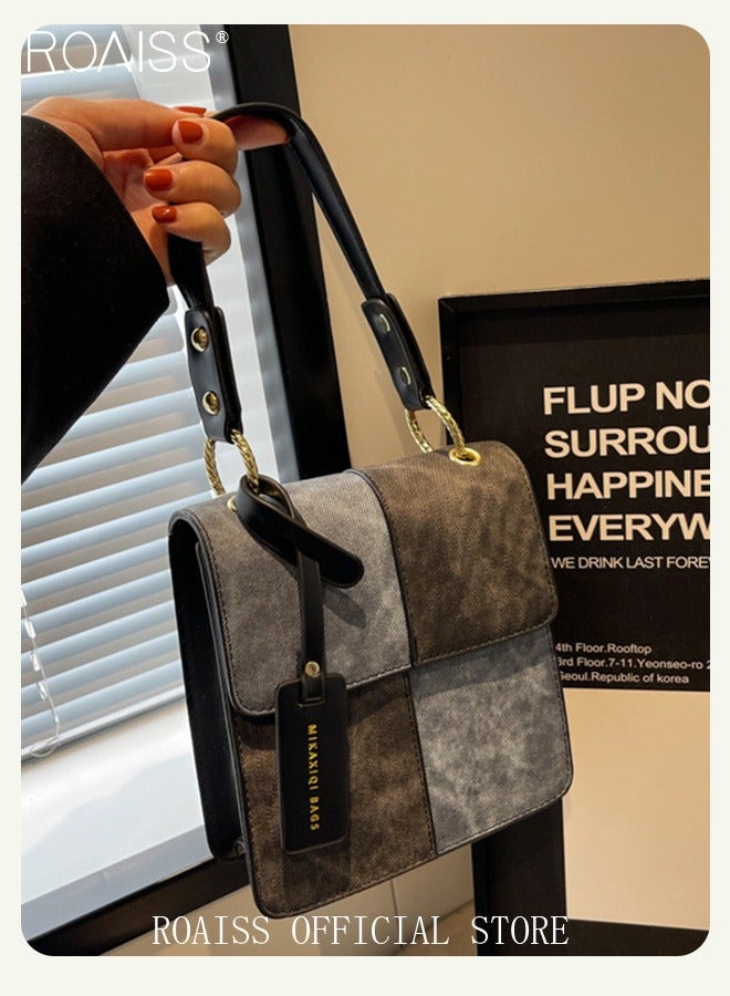 roaiss Women Crossbody Bag Stylish and Personalized with Patchwork Elements Compact Square Design Versatile Decorated with Metal Chain Can be Worn as a Shoulder Bag or Carried by Hand  - Image 2