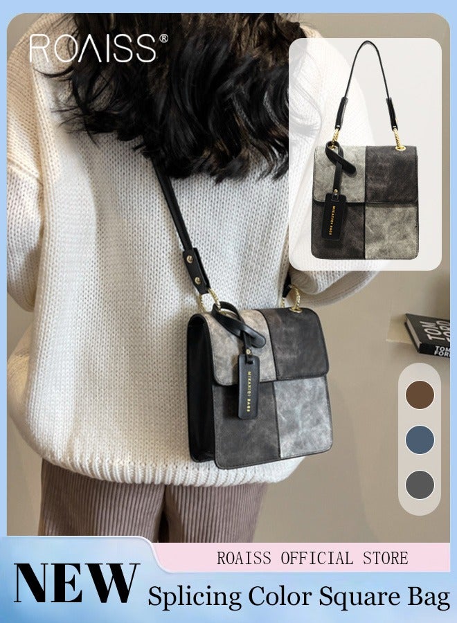 roaiss Women Crossbody Bag Stylish and Personalized with Patchwork Elements Compact Square Design Versatile Decorated with Metal Chain Can be Worn as a Shoulder Bag or Carried by Hand  - Image 1