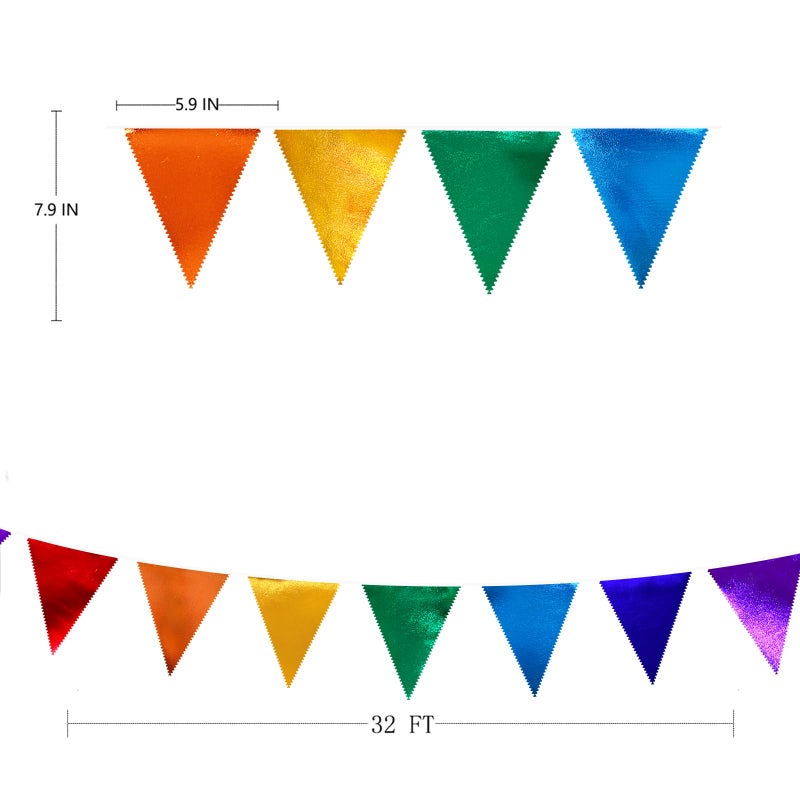 pinkblume Rainbow Party Decorations Colorful Metallic Fabric Triangle Pennant Banner Flag Bunting Garland for Rainbow Fiesta Carnival Christmas Birthday Wedding Baby Shower Holiday Outdoor Party Supplies - Image 2