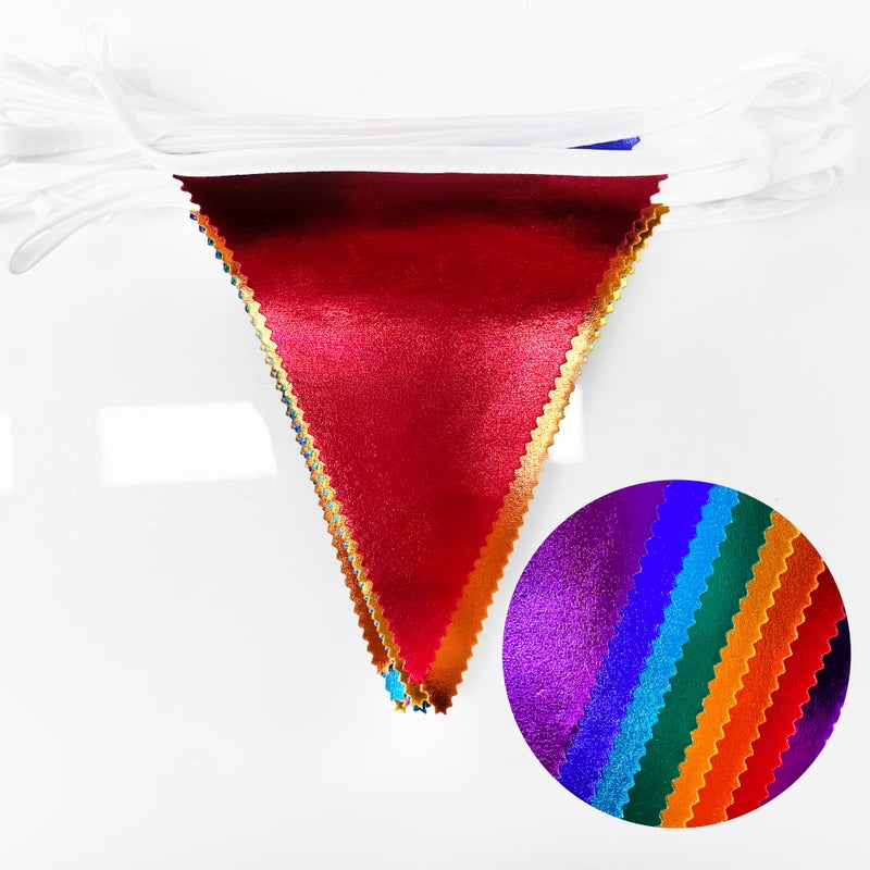 pinkblume Rainbow Party Decorations Colorful Metallic Fabric Triangle Pennant Banner Flag Bunting Garland for Rainbow Fiesta Carnival Christmas Birthday Wedding Baby Shower Holiday Outdoor Party Supplies - Image 3