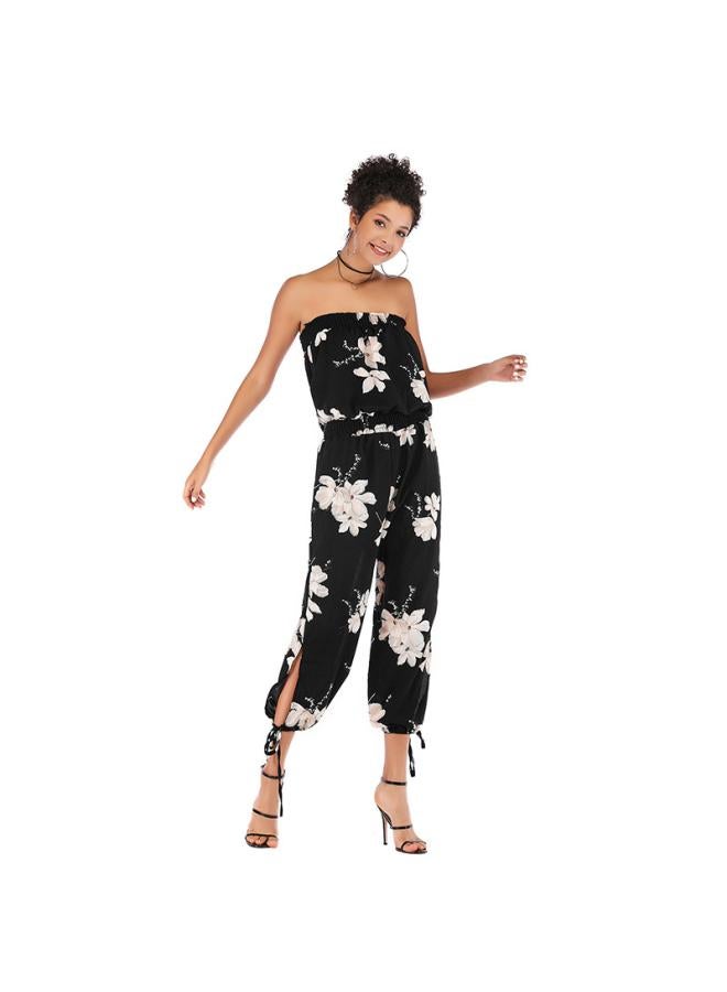 Independent Station Hot European And American Women's Dress Tie-legged Ankle-length Pants Printed One-word Collar Jumpsuit 