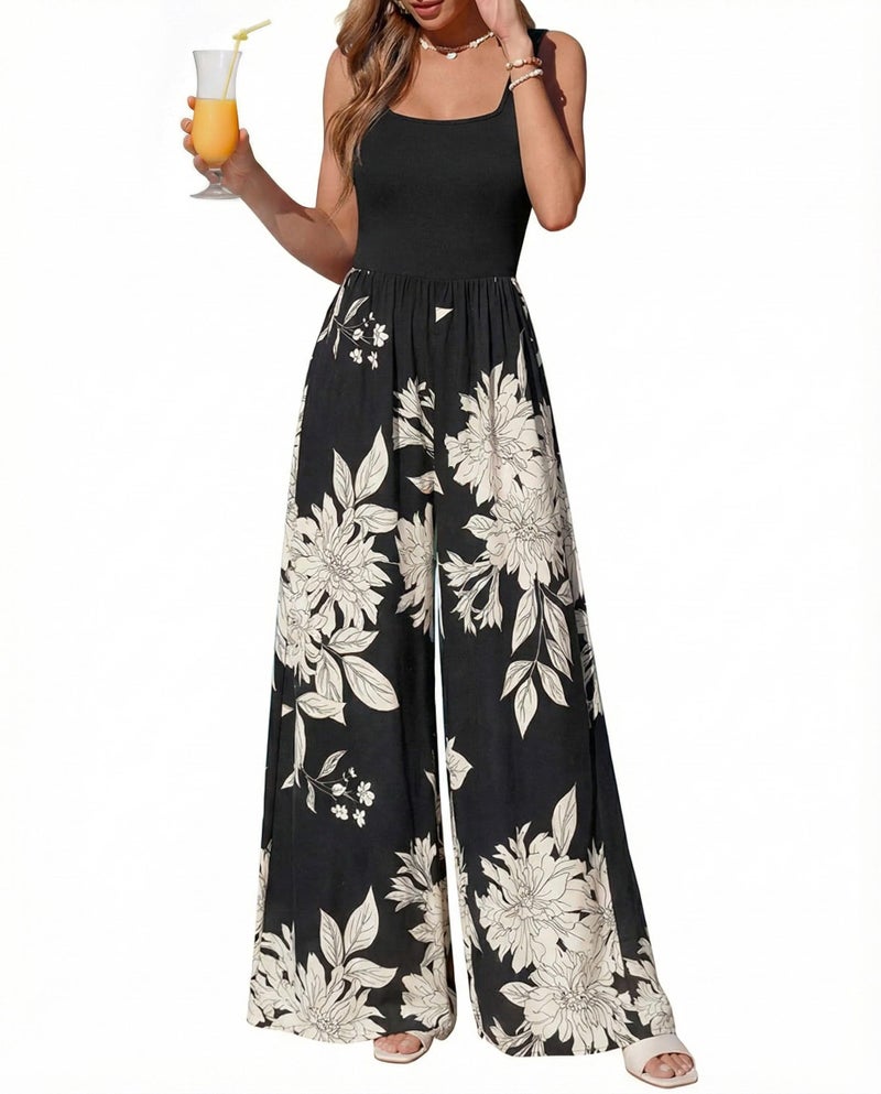 KIRUNDO Jumpsuits for Women Dressy 2026 Summer One Piece Sleeveless Boho Floral Wide Leg Romper Beach Vacation Cruise Outfits(Black White Flower, Medium) - Image 1