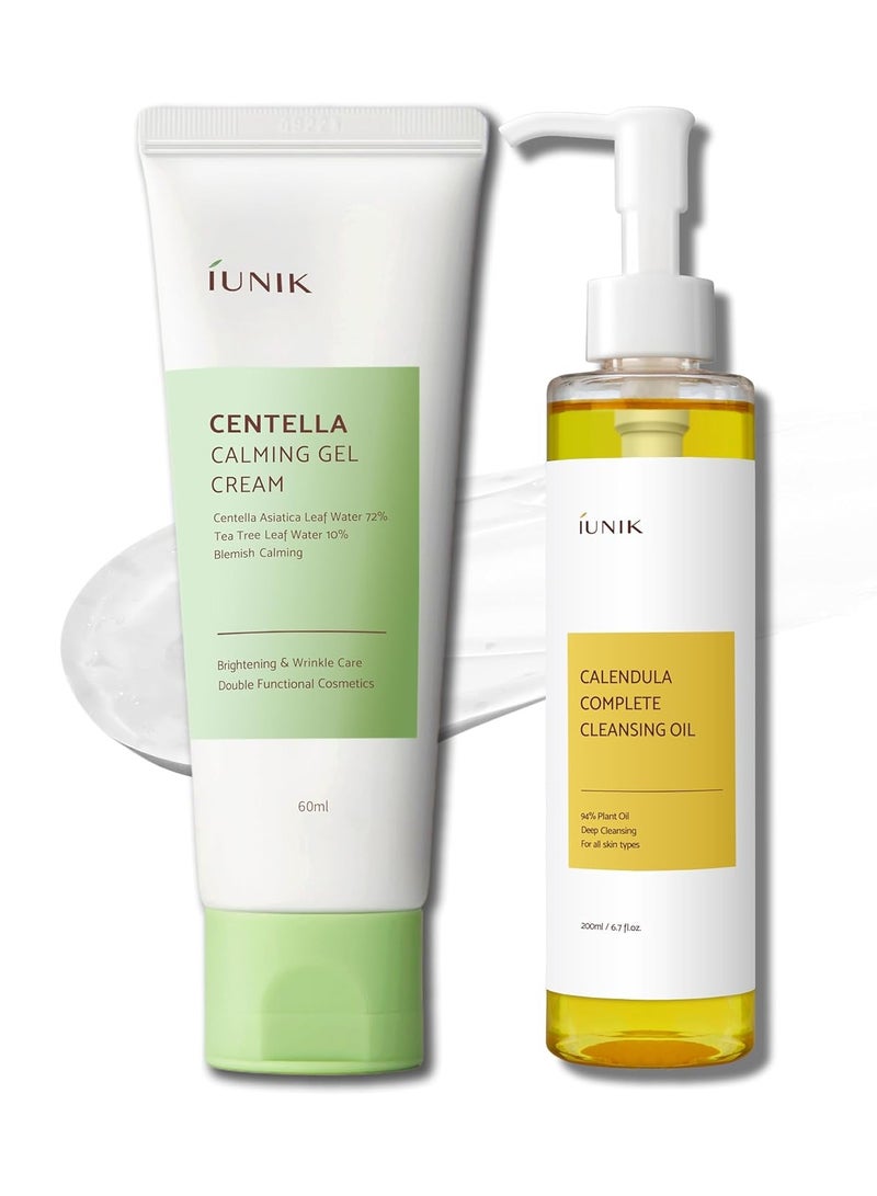 iUNIK iUNIK Centella Calming Gel Cream & Calendula Jojoba Oil Cleansing Oil Vegan Gentle Cleaser & Moisturizer Non-Sticky Non-Greasy Oily Sensitive All Skin Types Plant-based Korean Skincare - Image 1
