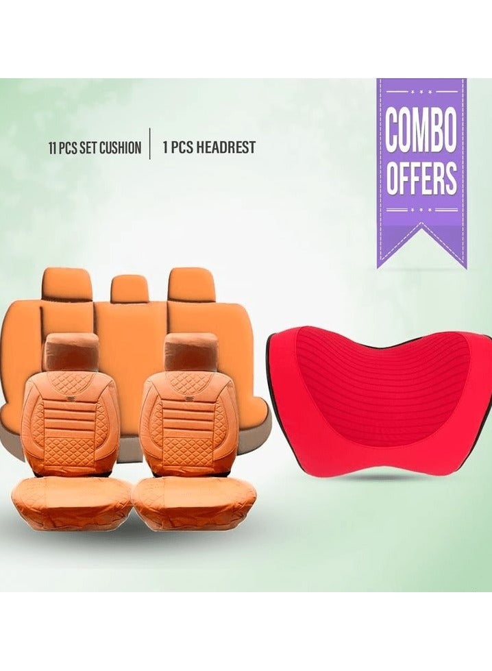 Agc Combo  Buy Rexine Premium Version Universal Seat Cover Cushion, 11 Pcs SetBrown and PIST0L Car Seat Neck Pillow Headrest, Red 1 Pcs - Image 1